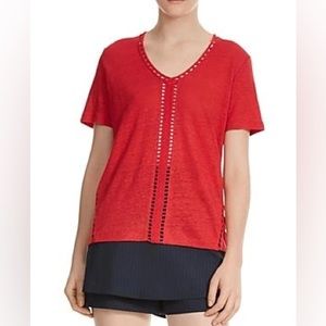 Maje 100% Linen Red Crochet Stitch Inset Tee Shirt